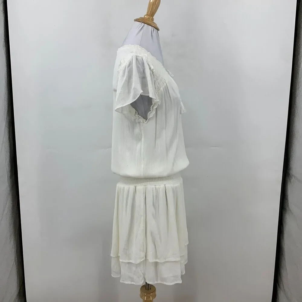 Tart Collections Smocked Waist Dress Womens M Medium White Tassel V Neck Lined